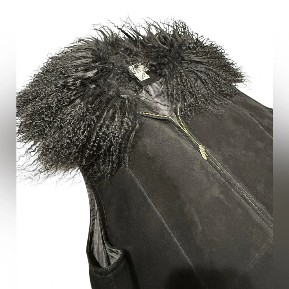 Vintage‎ Penny Lane Lisa International Black 100% Suede Fur Trim Vest- Women's L